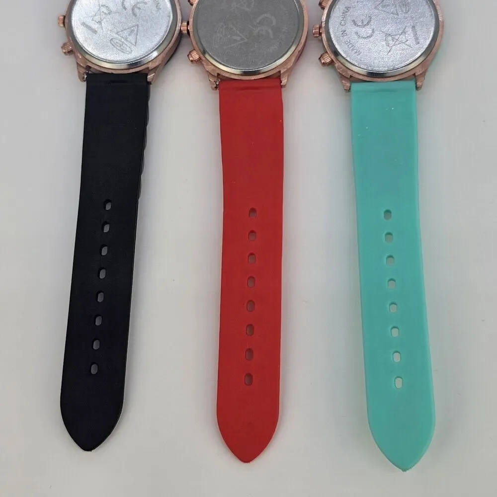 3X Analog Women's Fashion Watches 38MM Black Red Teal Dial‎ Plastic Band Straps